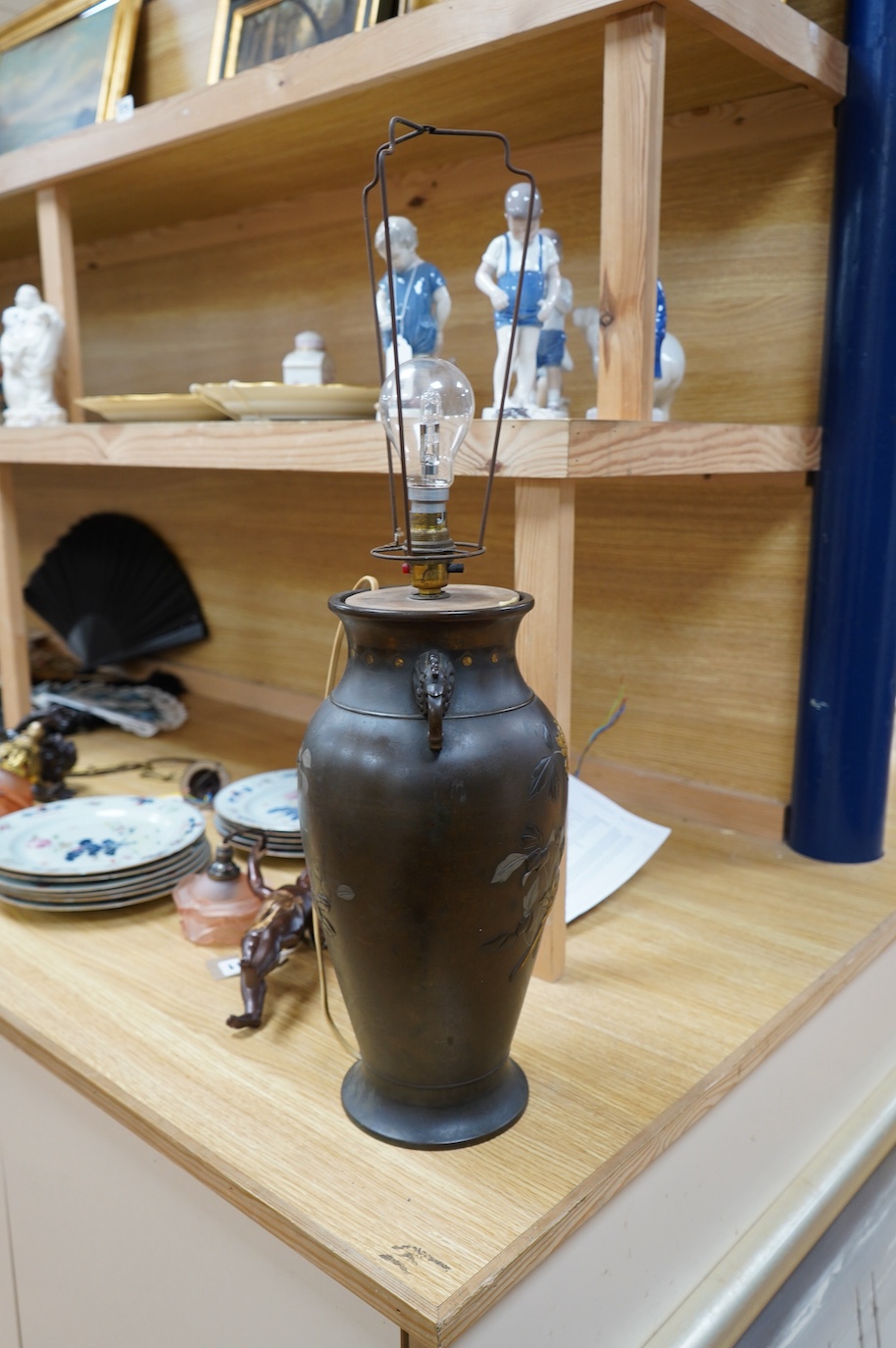 A Japanese bronze and precious metal overlaid vase, Meiji period fitted as a table lamp, 35.5cm high. Condition - drilled for cable, grubby otherwise good.